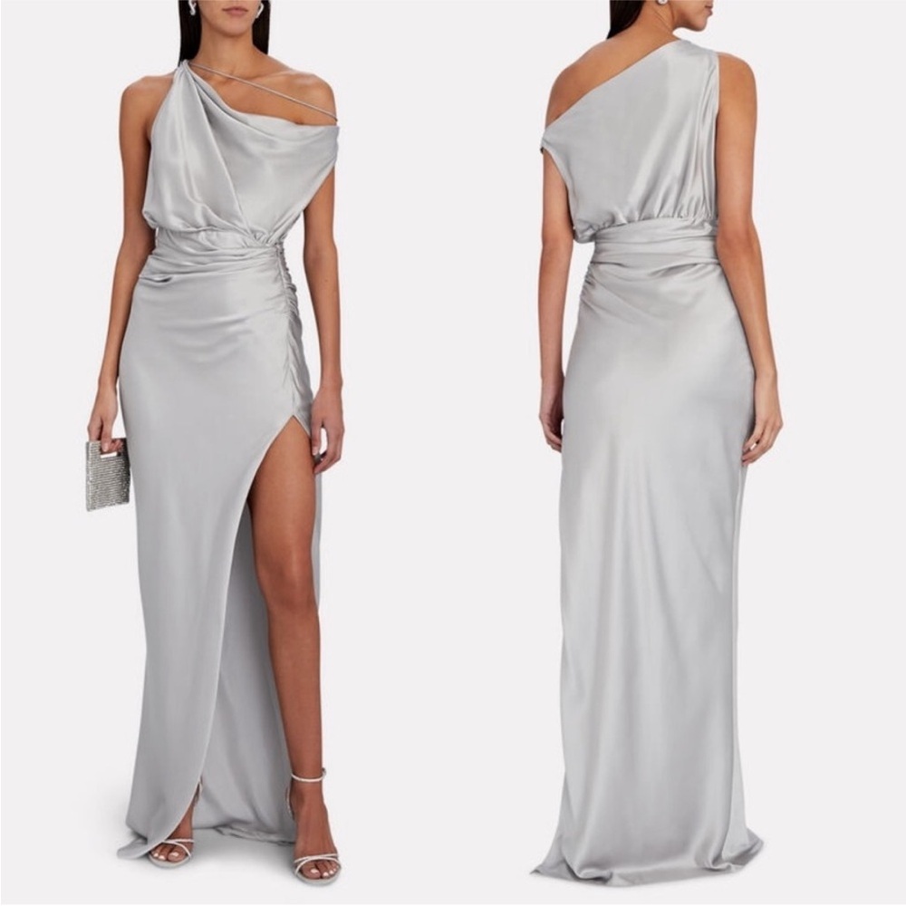 The Sei Draped Cowl Neck Strappy Ruched Silk Gown Size 8 NWT Platinum Metallic